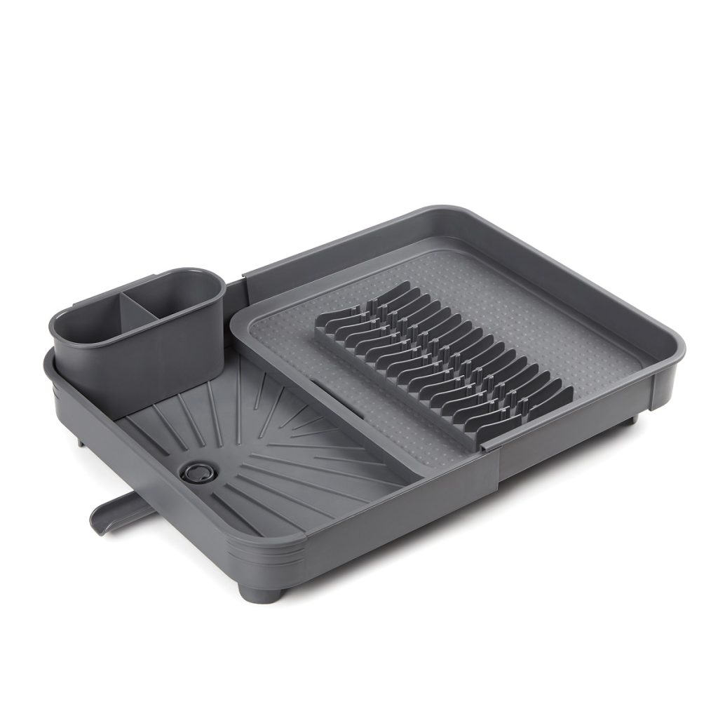 Extendable dish drainer with swiveling nozzle