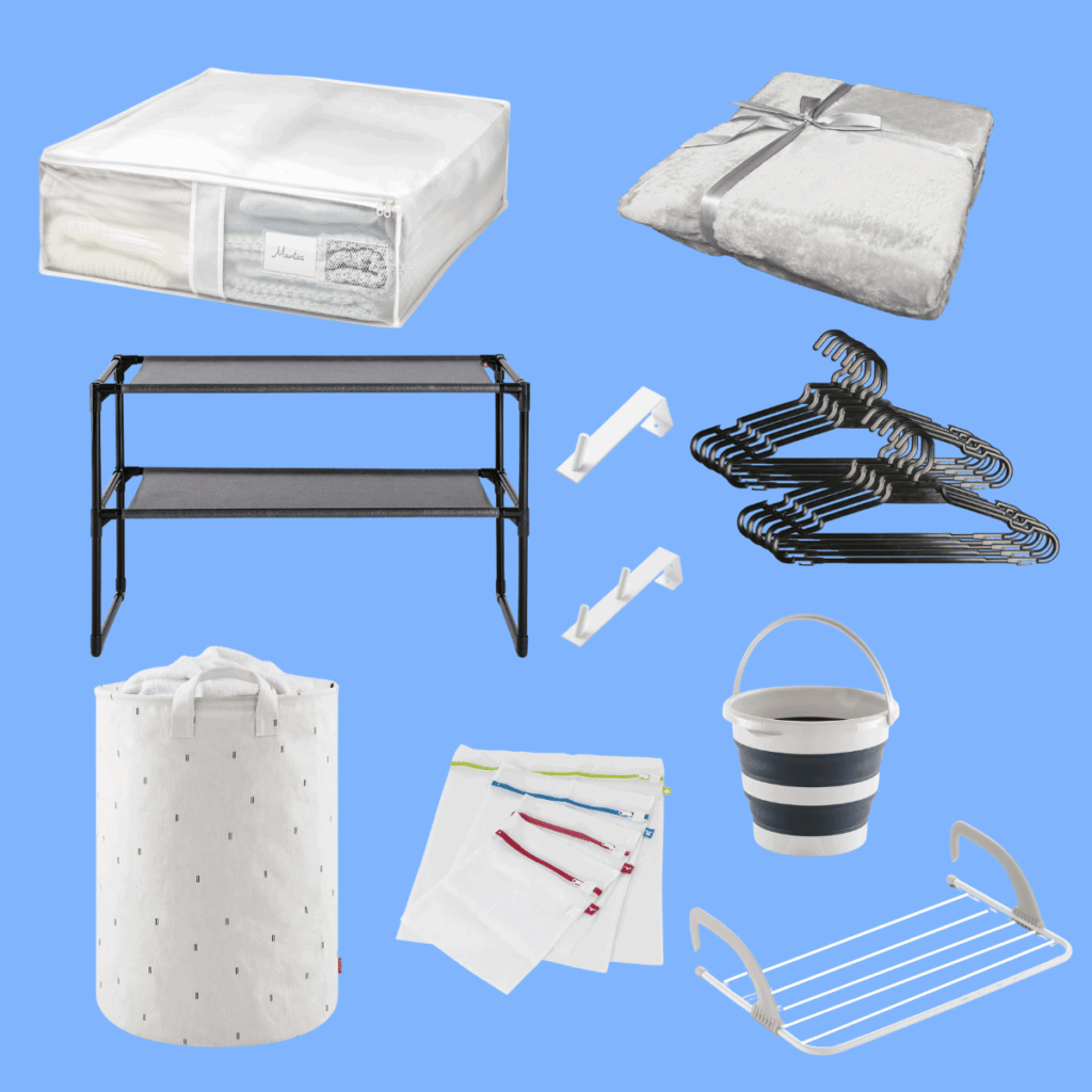Organization and laundry items from the Quick MUV household goods kit