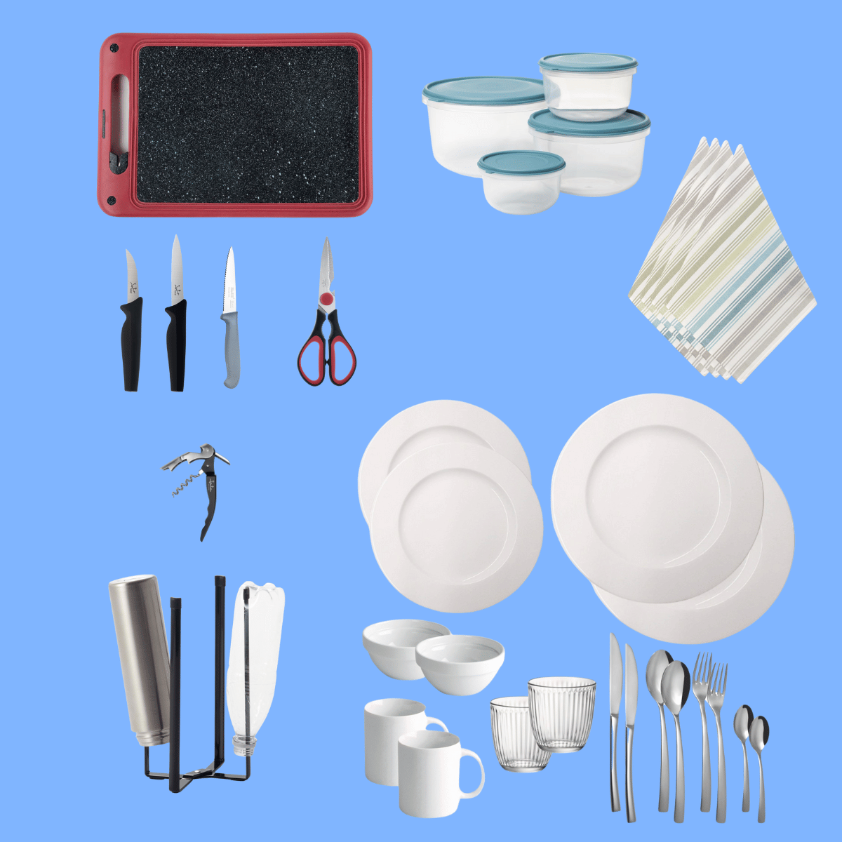 Menaje esencial del Kit Quick MUV: platos, cubiertos y utensilios básicos