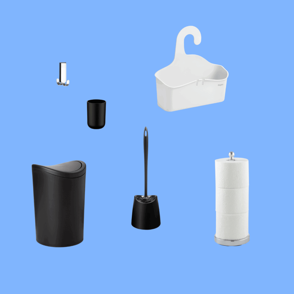 Kit baño completo con portacepillos, papelera, escobillero, colgador doble, cesta de ducha y portarrollos de pie