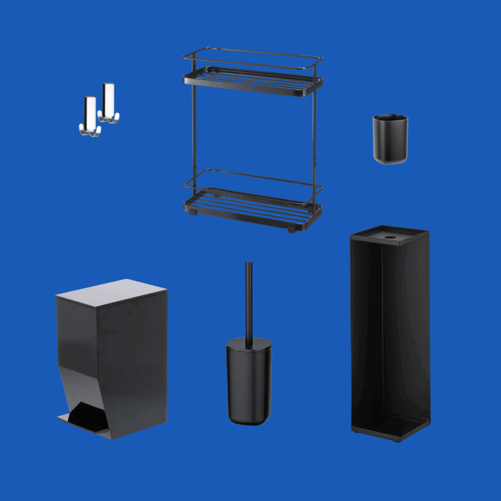 Kit baño Premium con portacepillos cuadrado, papelera con pedal, escobillero con tapa, dos colgadores dobles, soporte de ducha de dos niveles y portarrollos con almacenamiento oculto