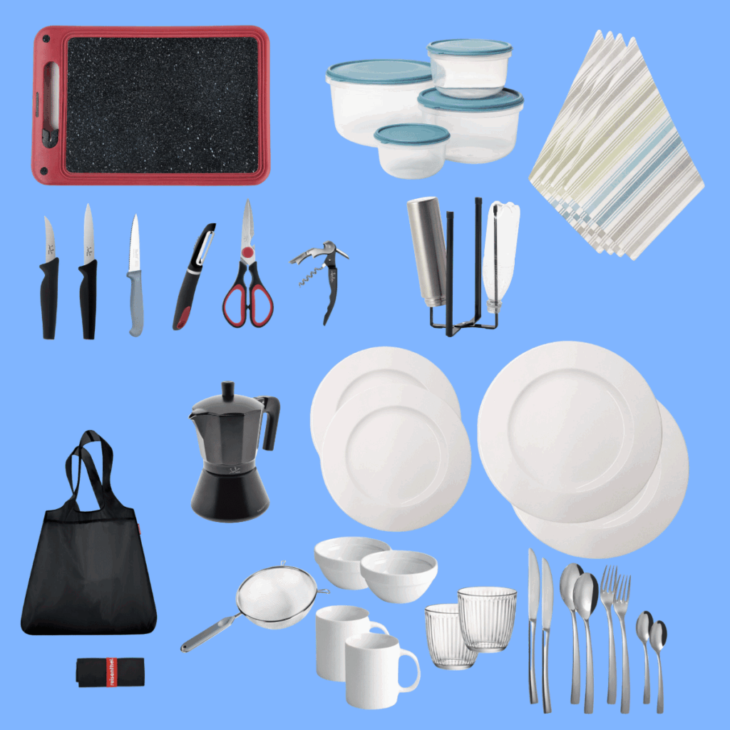 Tableware, cutlery, knives, containers, and preparation accessories from the "Advanced" Kitchen Kit