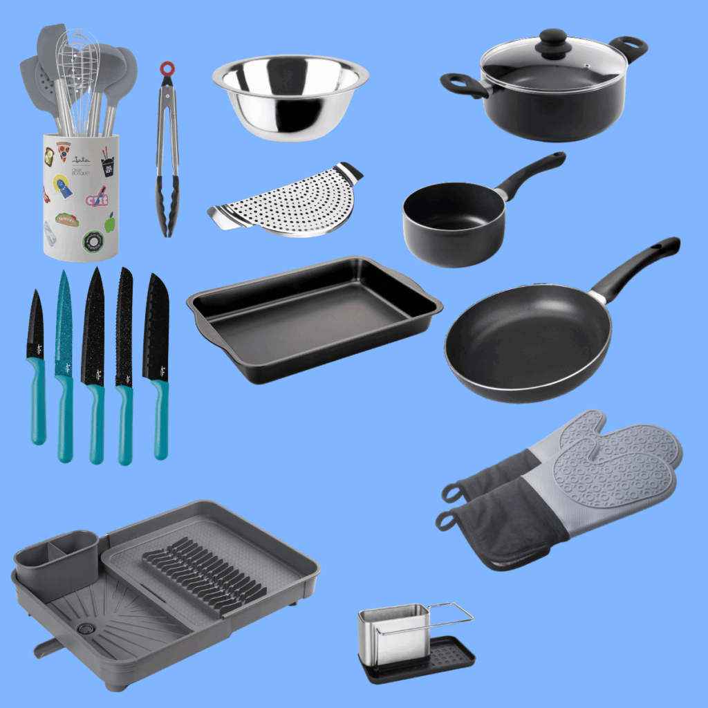 "Advanced" Kitchen kit with frying pan, saucepan, ladle, utensils, and Italian coffee maker