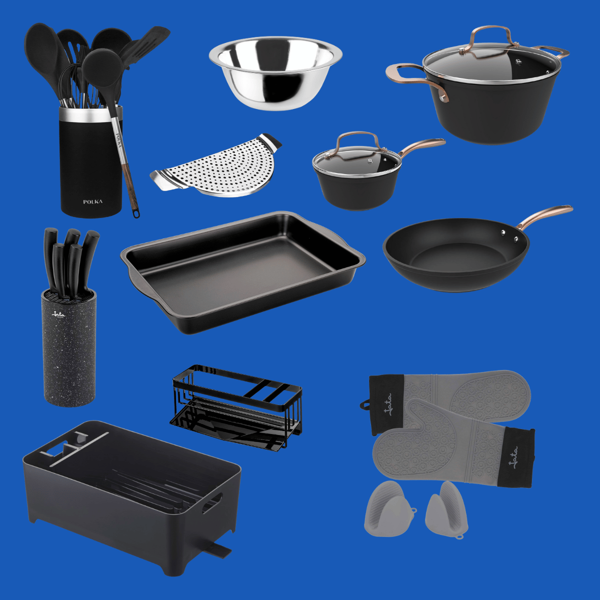 Menaje premium del Kit Advanced Premium con sartén, cacerola, cazo y utensilios de cocina