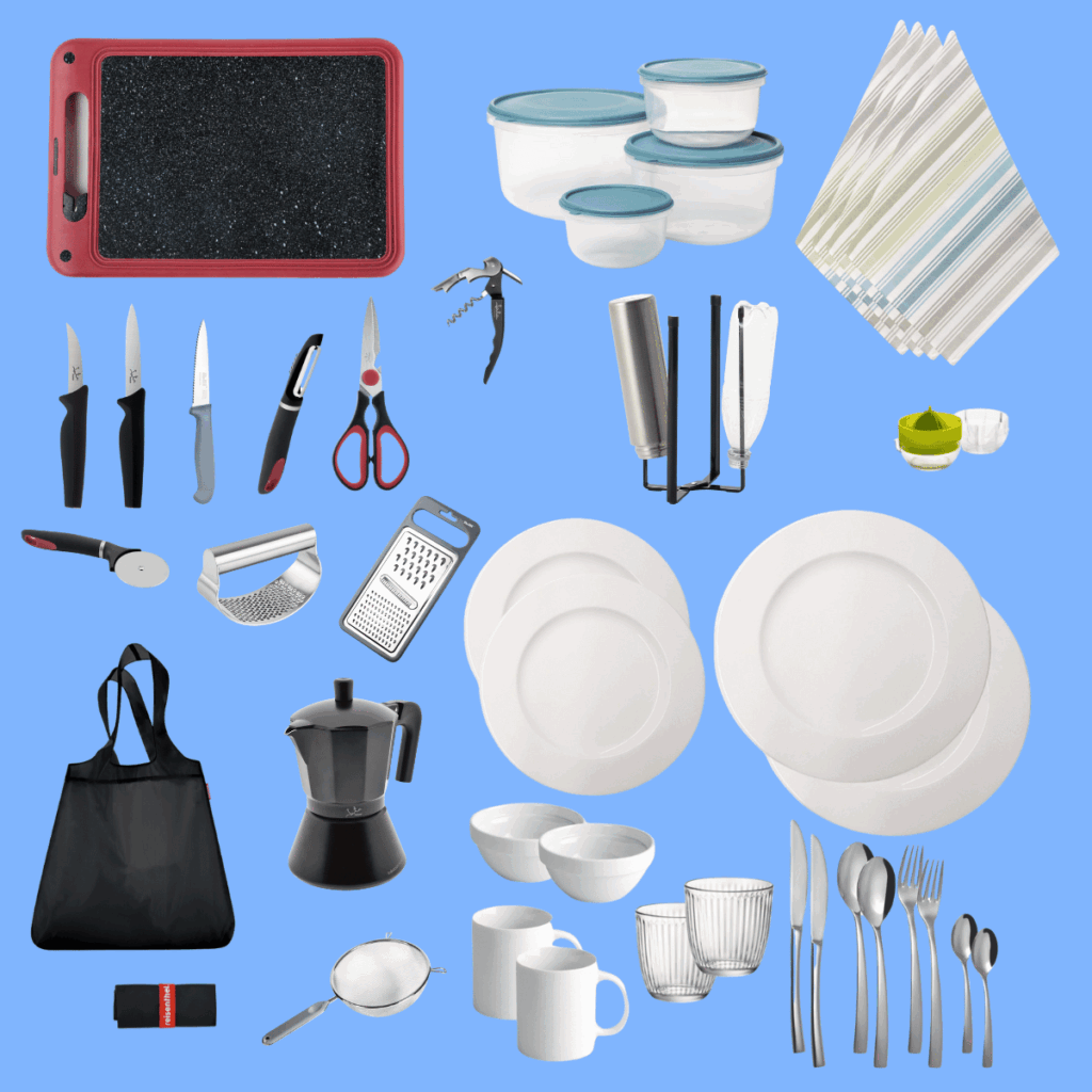 Vajilla, cubertería y utensilios de preparación incluidos en el kit de cocina Chef