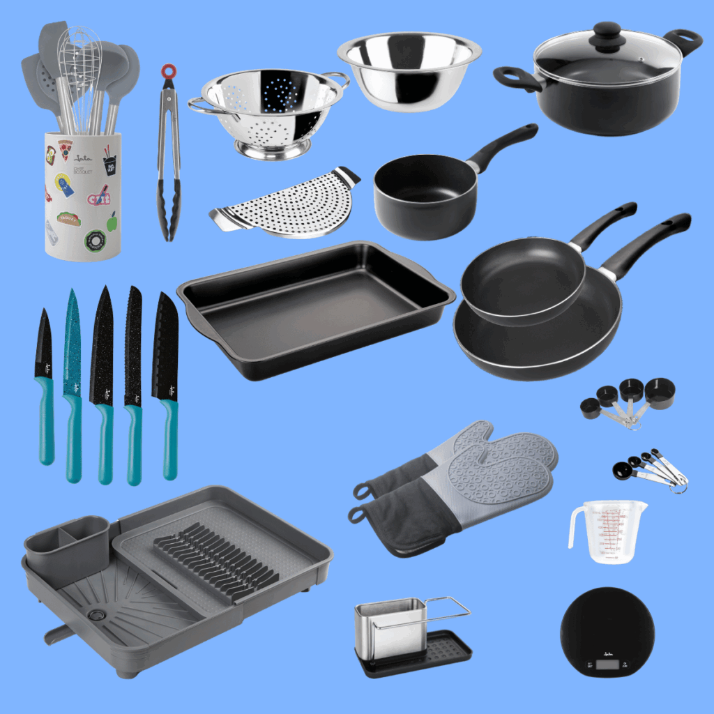 Menaje y utensilios del kit de cocina Chef con sartenes, cacerolas y accesorios de cocina