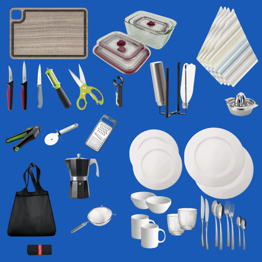Vajilla, cubertería y utensilios de preparación incluidos en el kit de cocina Chef Premium