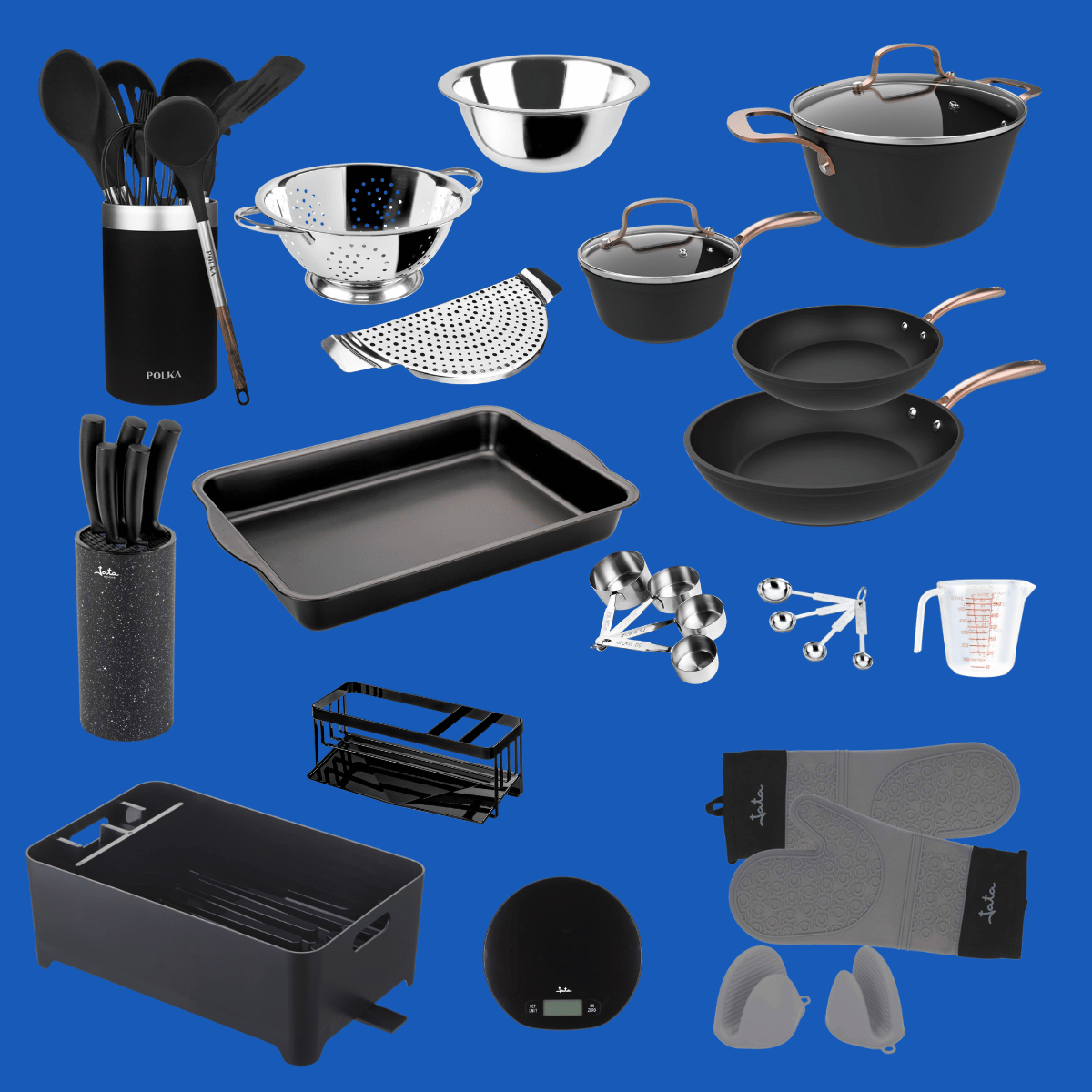 Menaje y utensilios del kit de cocina Chef Premium con sartenes, cacerolas y accesorios de precisión