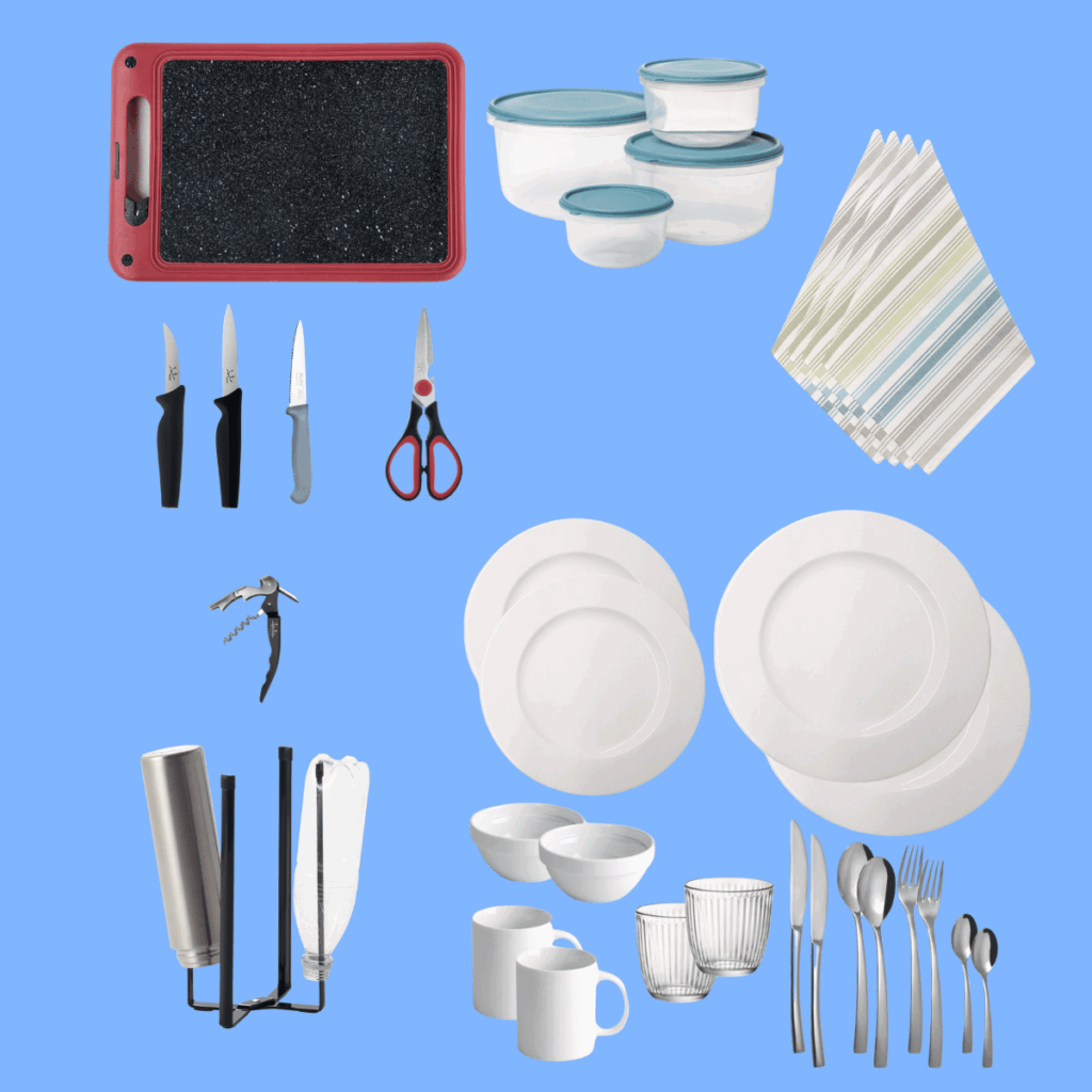 Complete contents of the "Essential" Kitchen Kit with tableware, knives, and basic accessories