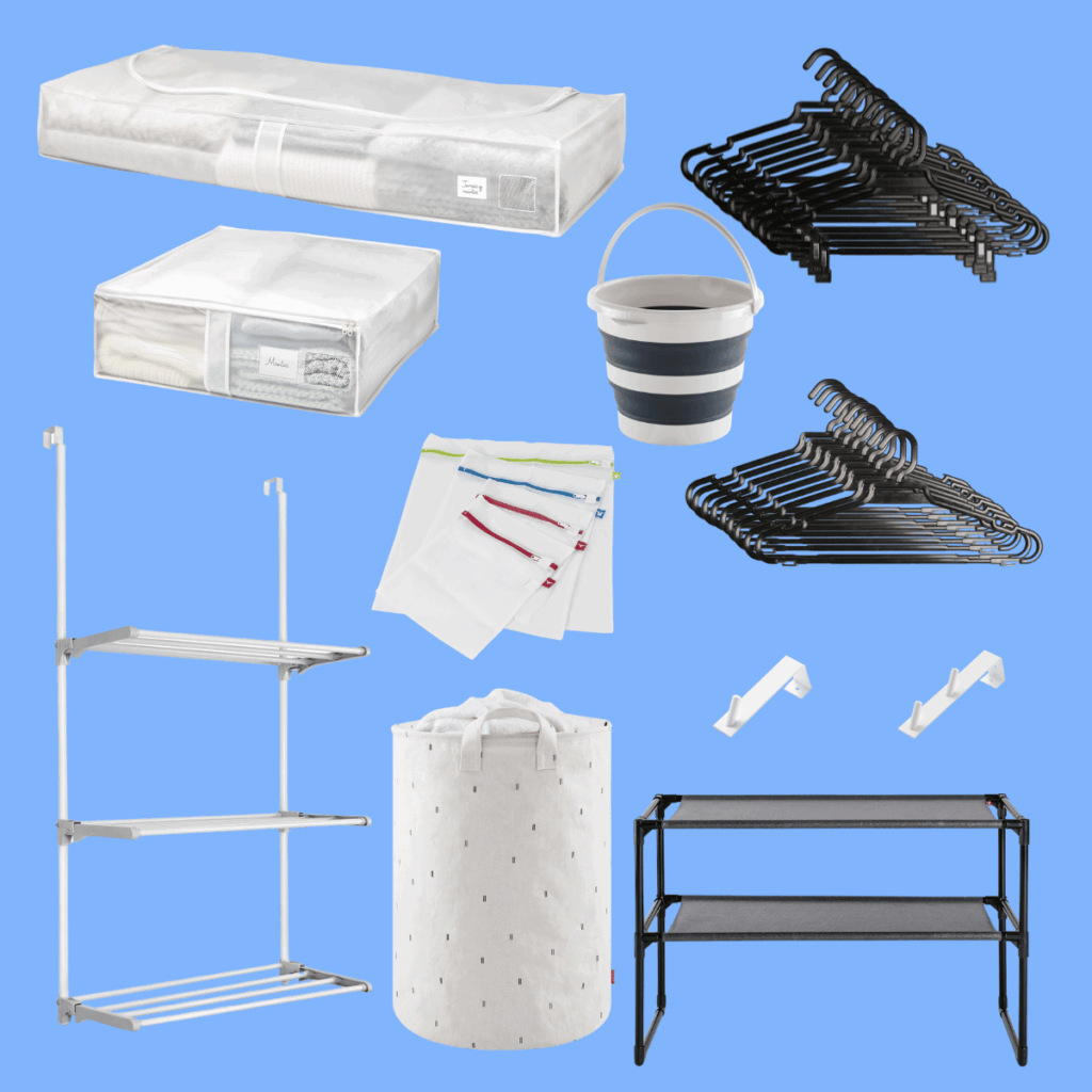 Organization items and laundry accessories from the Full MUV Kit to keep your home tidy.