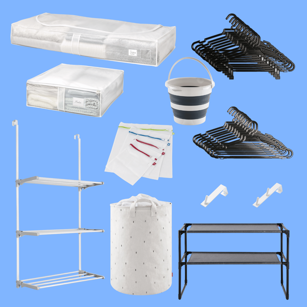 Artículos de organización y accesorios para la colada del Kit Full MUV para mantener el hogar ordenado.