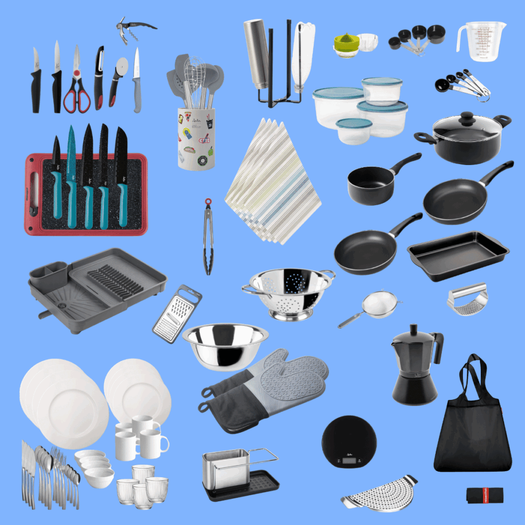 Kitchen utensils and cookware included in the Full MUV Kit for cooking and organizing the kitchen.