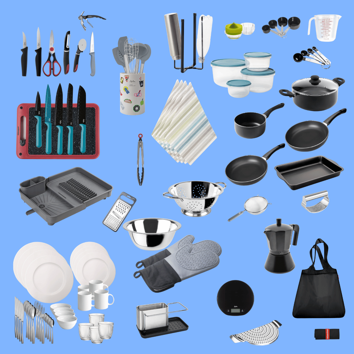 Utensilios de cocina y menaje incluidos en el Kit Full MUV para cocinar y organizar la cocina.