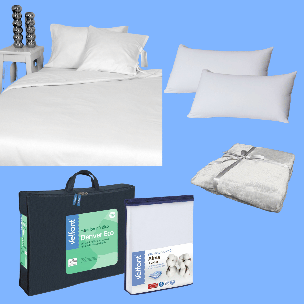 Set de cama del Kit Full MUV con sábanas, relleno nórdico, almohadas, manta y protector de colchón.