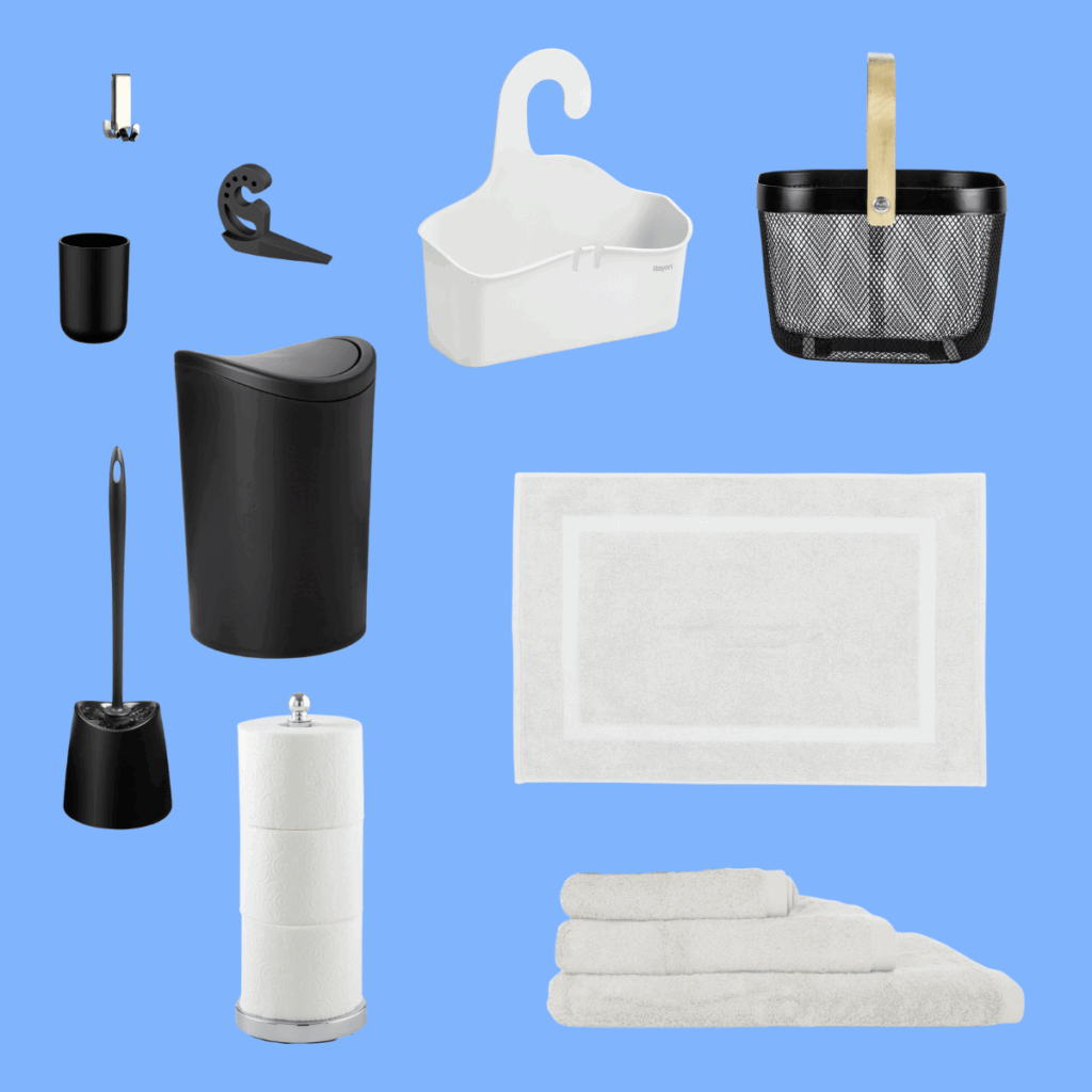 Accesorios de baño y toallas suaves incluidos en el Kit Full MUV para equipar el baño desde el primer día.