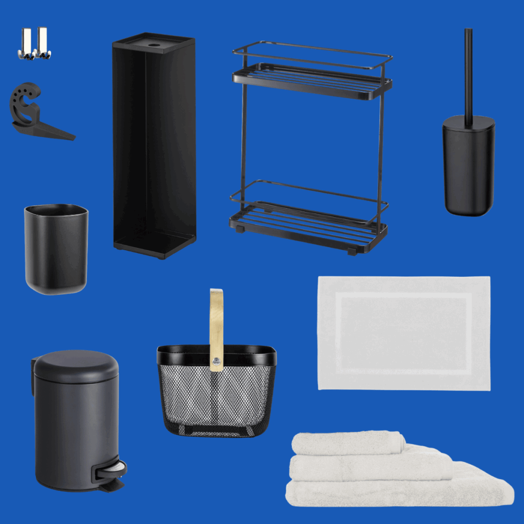 Premium bathroom accessories and towels included in the Full MUV Premium Kit for a bathroom equipped with the highest quality materials.