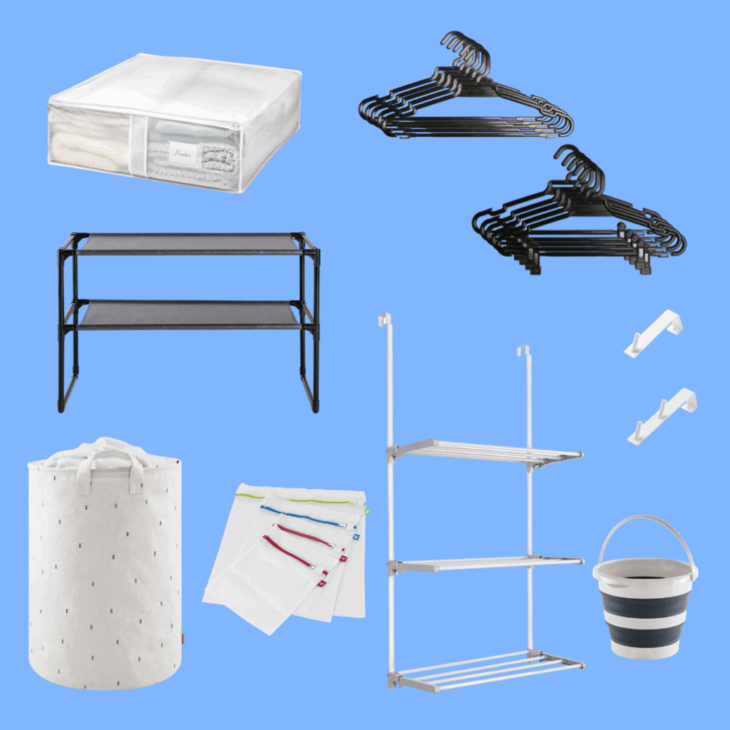 Organization items and laundry accessories from the Just MUV Kit