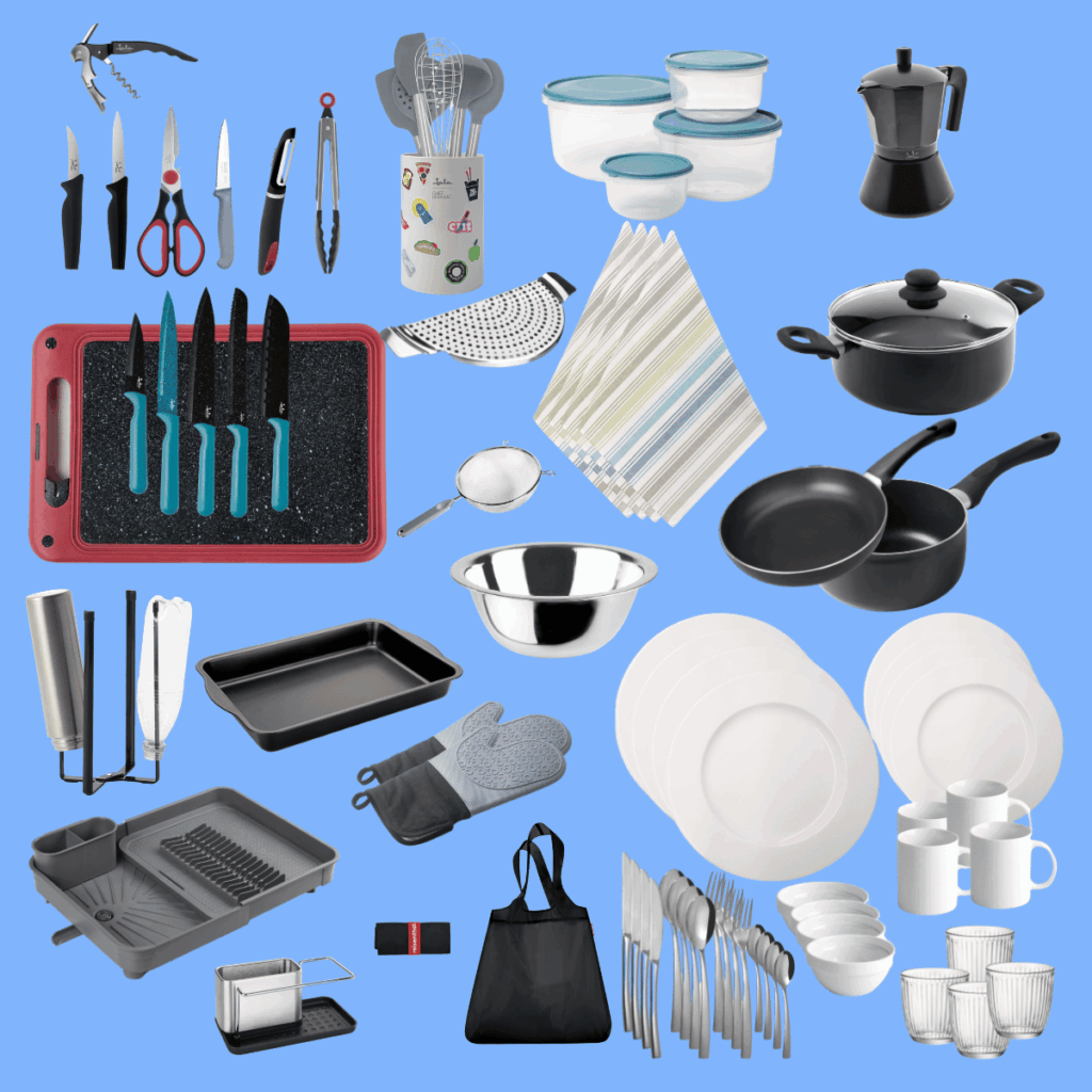 Kitchen utensils and tableware included in the Just MUV Kit