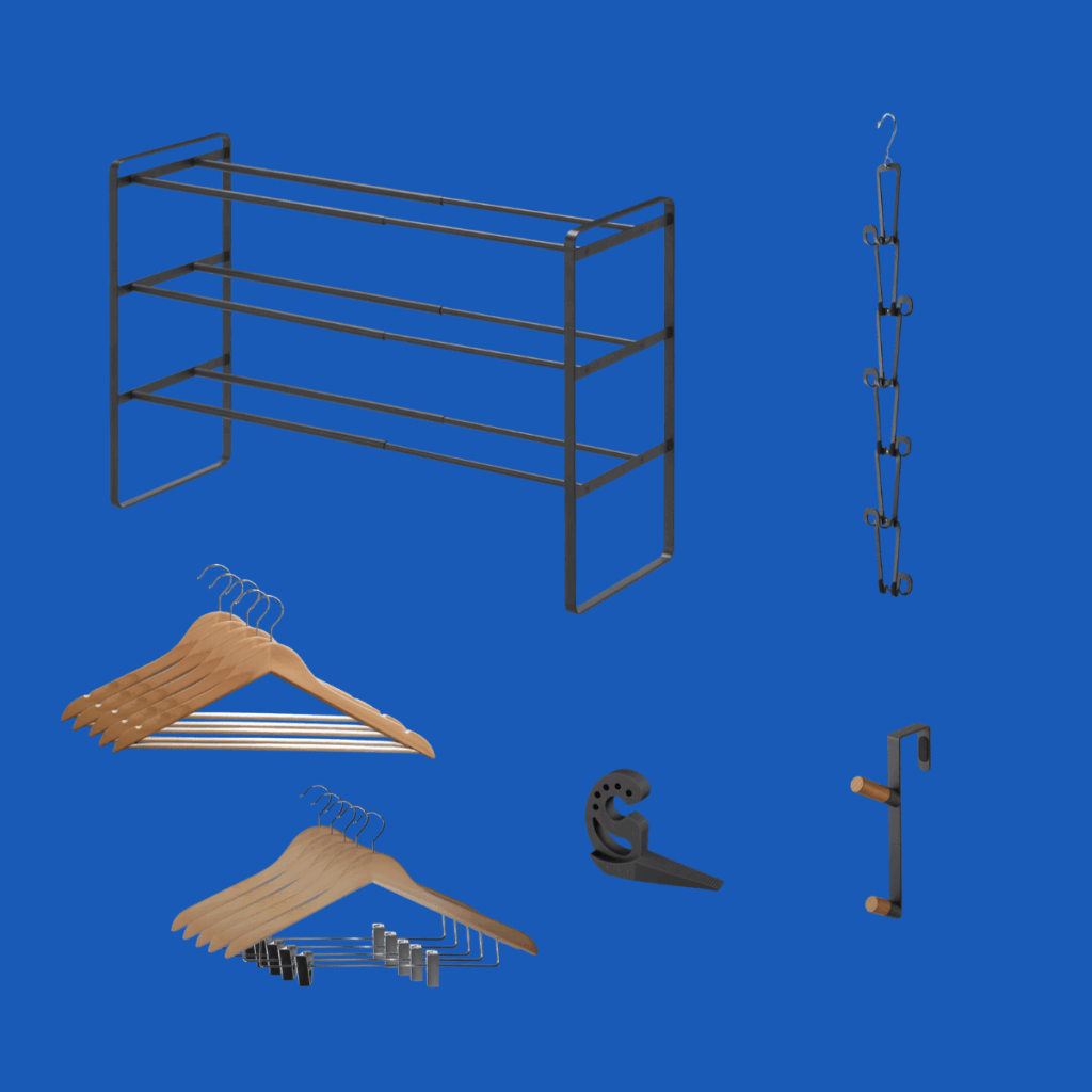 Contenido del Kit Ordena+ Premium: zapatero de acero, perchas de madera y colgadores para armario y puerta
